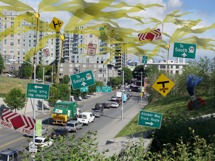 Bullwhip kelp drones (Nereocystis volans) feeding off Elliott Avenue street signs